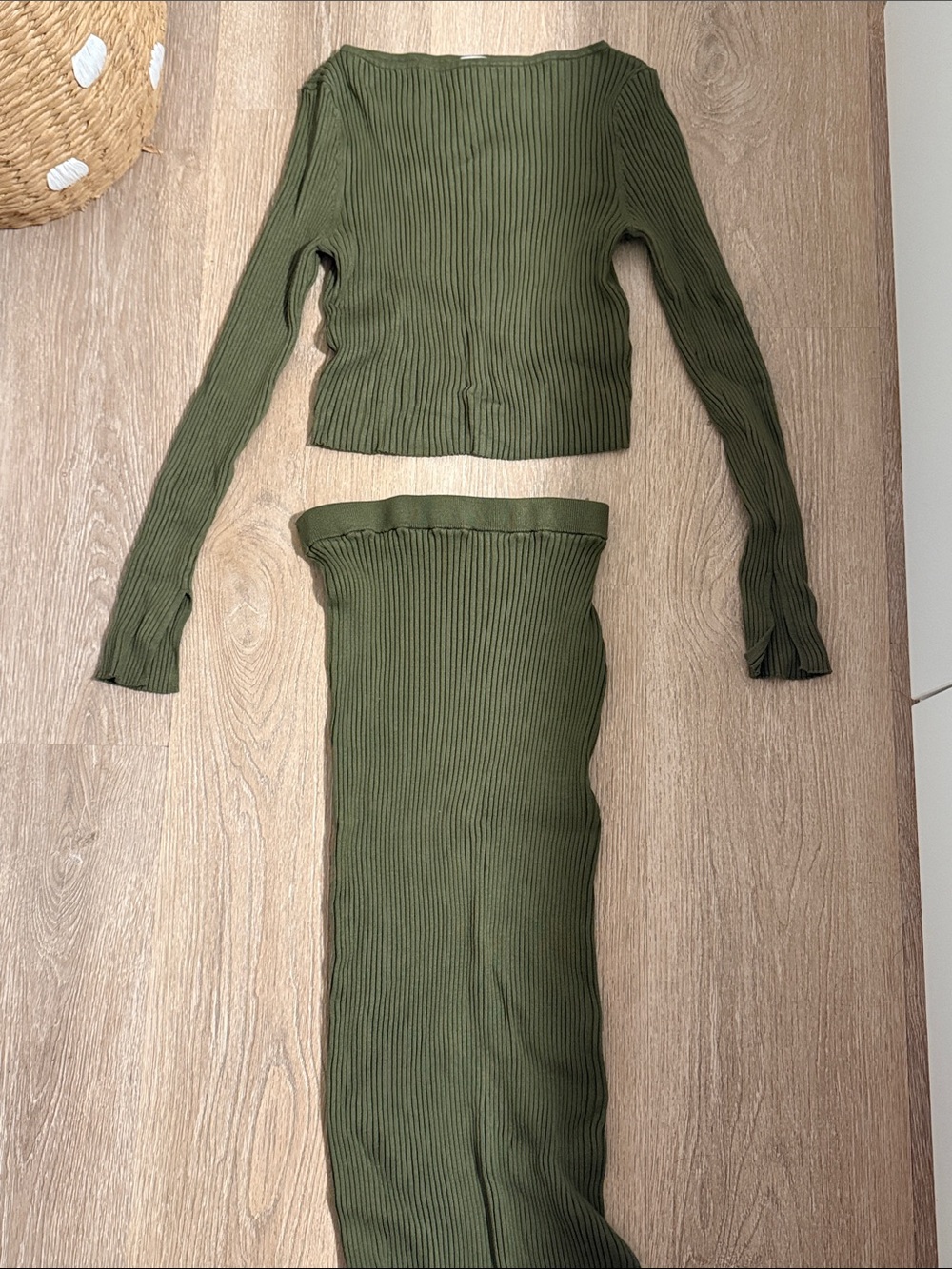 Ribbed Olive Green Two-Piece Knit Set - Women Top & Skirt